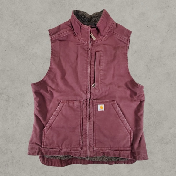 Carhartt Jackets & Blazers - Carhartt Vest Womens Small Burgundy Red Duck Canvas 104224 V26 Sherpa Lined Work